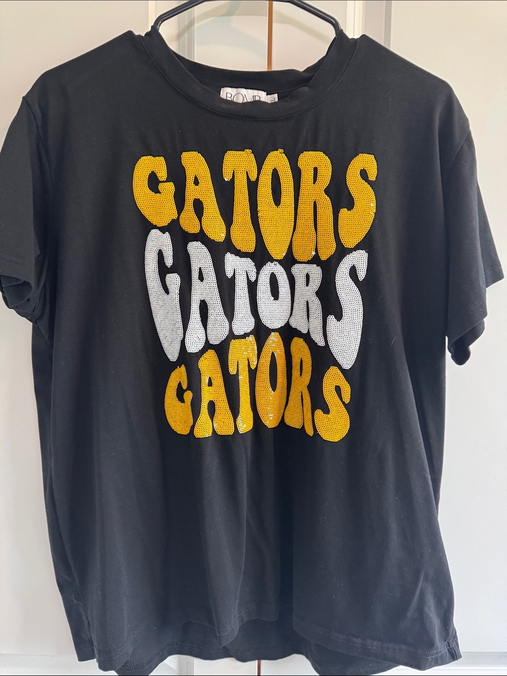 Bombshell Sportswear Black Tee with Yellow and White GATORS Stack Graphic